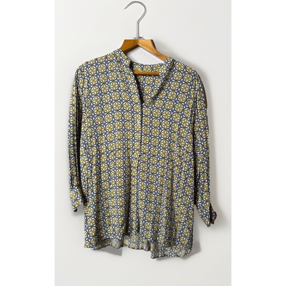 Rock Flower Paper Tunic Button Down Top Size  Large Yellow Print